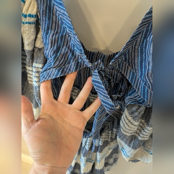 Free People All Lined Up Blue Multi Striped Puff Sleeve Mini Dress - Picture 4 of 7